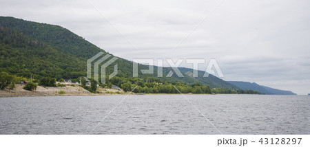 View of the Zhiguli mountains in the Samara region, Russia. Cloudy day, August 10, 2018 43128297
