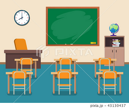 School classroom with chalkboard and desks. 43130437