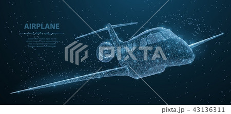 Airplane. Abstract 3d polygonal wireframe airplane on blue night sky with dots and stars. Airplane. Abstract 3d polygonal wireframe airplane on blue night sky with dots and stars. 43136311