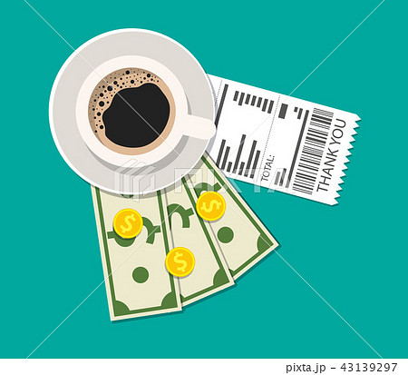 Cup with coffee, cash and coins, cashier check. 43139297