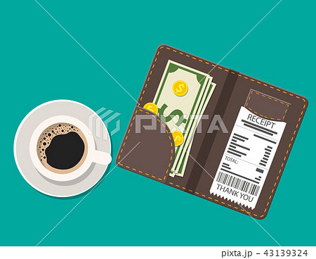 Folder with cash coins and cashier check. 43139324