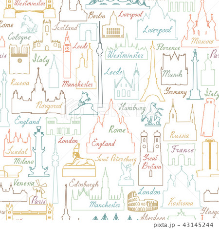 Travel world landmarks tile pattern. Travel icons 43145244