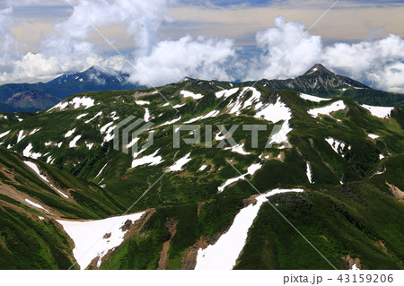 北アルプス水晶岳 黒岳 山頂からの山々 裏銀座コース 三俣蓮華岳 双六岳 笠ヶ岳遠景の写真素材