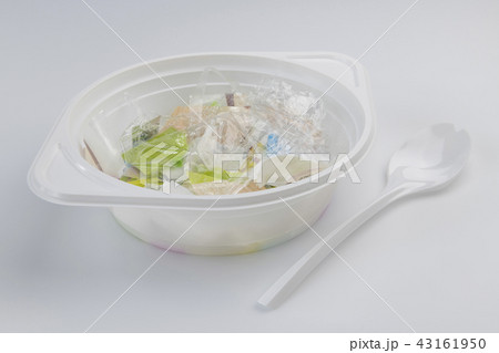 Plastic soup bowl and spoon with plastic soup. 43161950