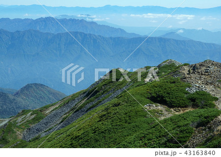 北アルプス小蓮華山から妙高山方面、登山者がすれ違う 43163840