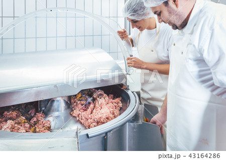 Butchers in butchery processing meat 43164286