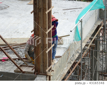 Construction workers fabricating timber form work. 43165348