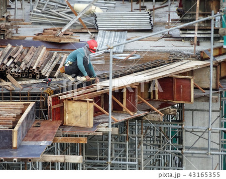 Construction workers fabricating timber form work. 43165355