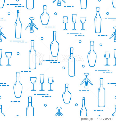 Pattern of wine glasses, bottles, corkscrew 43170541