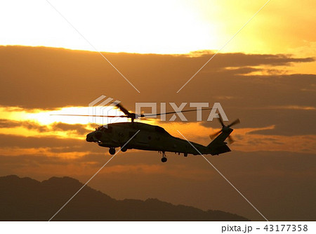 茜色に染まる美しい夕空を飛行する海上自衛隊のSH-60Jシーホーク対潜哨戒ヘリコプター 43177358