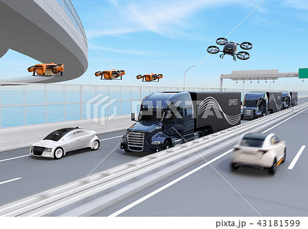 高速道路に隊列走行している燃料電池トラック、配達ドローンと空飛ぶ車のイメージ。物流コンセプト 43181599