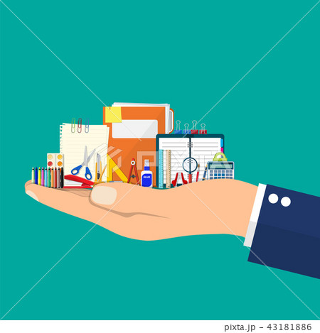 Stationery items in hand. 43181886