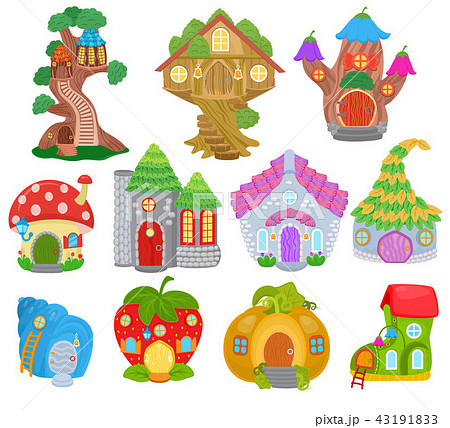 Fantasy house vector cartoon fairy treehouse and magic housing village illustration set of kids Fantasy house vector cartoon fairy treehouse and magic housing village illustration set of kids 43191833