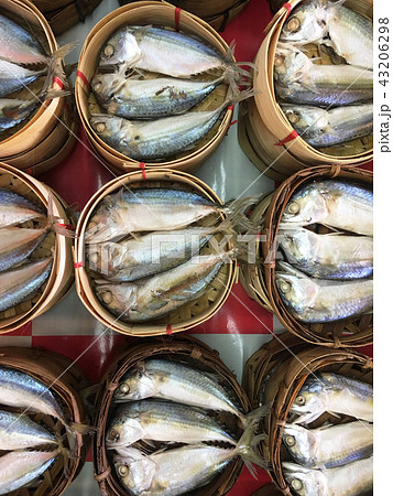 Mackerel fish in bamboo basket at market, Thailand Mackerel fish in bamboo basket at market, Thailand 43206298