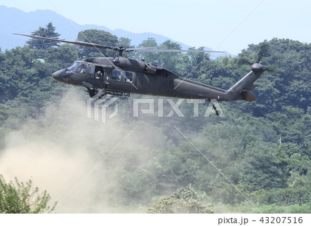 砂煙を上げ山林でホバリングする災害派遣でも活躍する在日米陸軍のUH-60Aブラックホーク輸送ヘリ 砂煙を上げ山林でホバリングする災害派遣でも活躍する在日米陸軍のUH-60Aブラックホーク輸送ヘリ 43207516