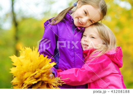 Two cute girls having fun on beautiful autumn day 43208188