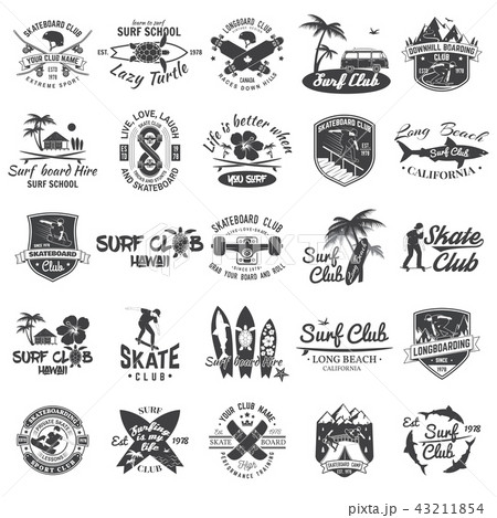 Set of skateboard, longboard and surf club badges. Vector illustration. 43211854