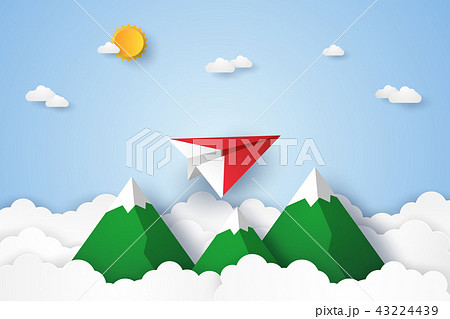 Origami plane flying in the sky , mountain 43224439