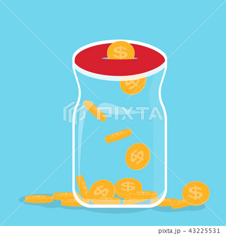 Glass bank with falling gold coins - Contribution to the Future. Vector Illustration 43225531