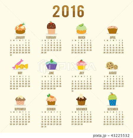 Calendar 2016 Cupcake Cartoon Cute Vector 43225532