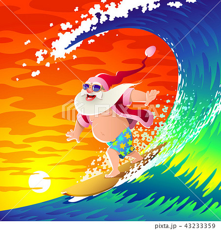 Happy Santa Is Surfing On A Big Wave のイラスト素材