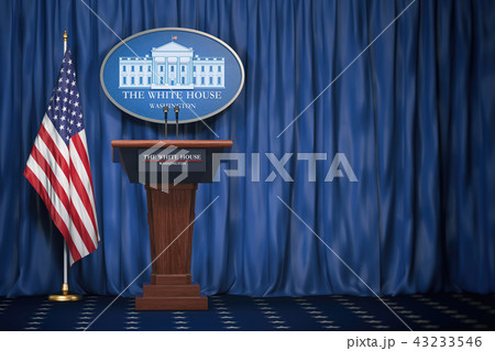 Podium speaker tribune with USA flag. White House 43233546