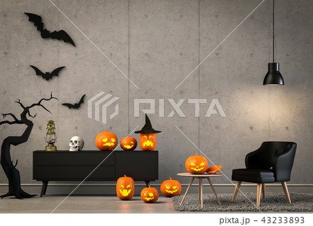 3D render Halloween party in room and pumpkins 3D render Halloween party in room and pumpkins 43233893