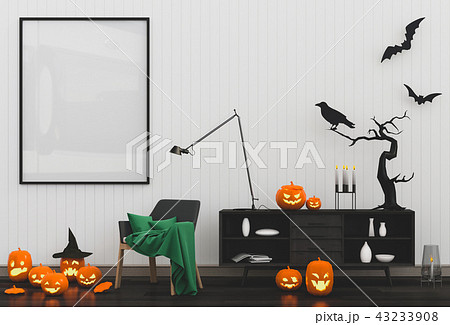 Halloween poster mock up in room and pumpkins Halloween poster mock up in room and pumpkins 43233908