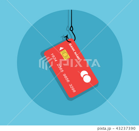 red plastic payment card hanging on hook on blue b 43237390
