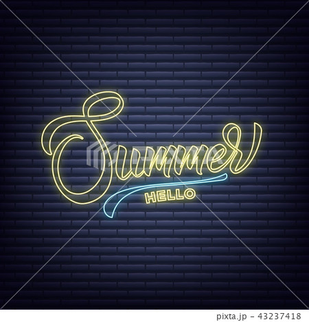 Hello Summer neon banner. Glowing sign of Summer vibes lettering Hello Summer neon banner. Glowing sign of Summer vibes lettering 43237418