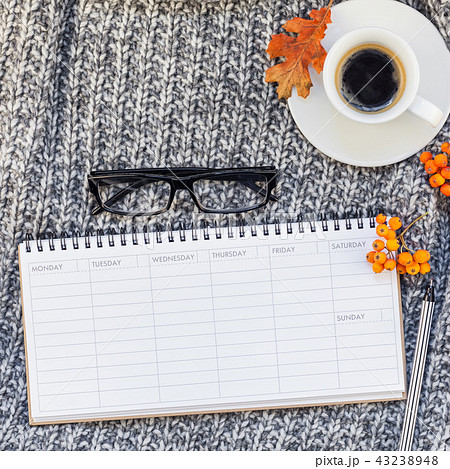 Home workplace with coffee cup on knitted plaid 43238948