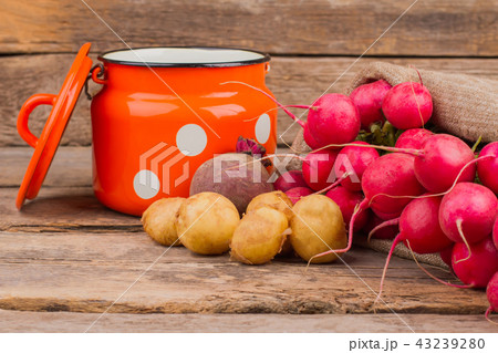 Enamelware saucepan and many vegetables. Enamelware saucepan and many vegetables. 43239280
