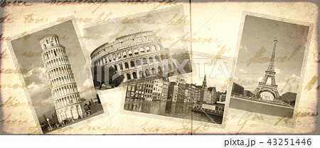 Vintage travel background with retro photos Vintage travel background with retro photos 43251446