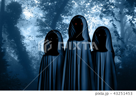 Three spooky monsters in hooded cloaks in forest 43251453