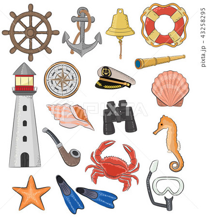 Sea vector marine or nautical symbols lighthouse and ship wheel or sailboat anchor or lifebuoy 43258295