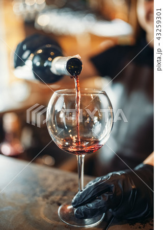Female barman hands in gloves pours wine 43259301