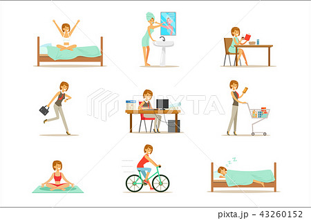 Modern Woman Daily Routine From Morning To Evening Series Of Cartoon Illustrations With Happy Modern Woman Daily Routine From Morning To Evening Series Of Cartoon Illustrations With Happy 43260152
