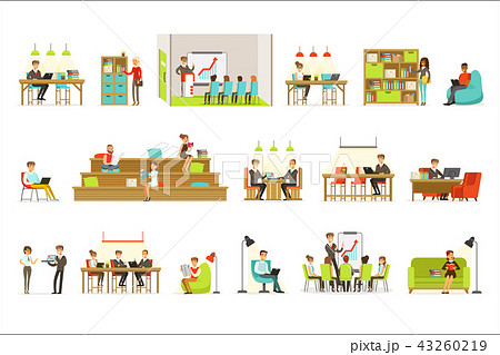 Coworking Workplace, Freelancers Sharing Space And Ideas In Office Where They Work Together Set Of 43260219