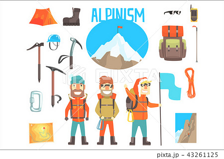 Three Mountaineers And Mountaineering Equipment Set Of Alpinism And Alpinist Tools Vector 43261125