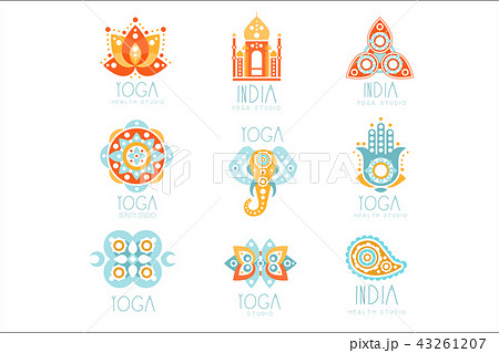 Indian Yoga Studio Set Of Colorful Promo Sign Design Templates With Mandalas And Stylized Famous 43261207