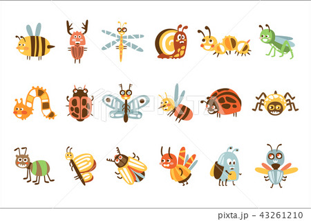 Funky Bugs And Insects Set Of Small Animals With Smiling Faces And Stylized Design Of Bodies Funky Bugs And Insects Set Of Small Animals With Smiling Faces And Stylized Design Of Bodies 43261210