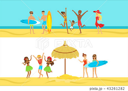 Happy People On Tropical Beach Vacation In のイラスト素材