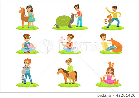 Children Petting The Small Animals In Petting Zoo Collection Of Cartoon Illustrations With Kids 43261420
