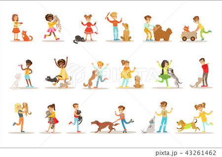 Children And Cats Illustrations Set With Kids Playing And Taking Care Of Pet Animals 43261462