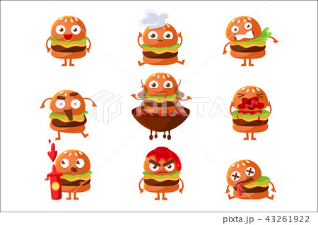 Burger Fast Food Sandwich Cartoon Humanized Character Emoji Sticker Set Of Vector Illustrations Burger Fast Food Sandwich Cartoon Humanized Character Emoji Sticker Set Of Vector Illustrations 43261922