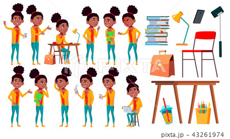 Teen Girl Poses Set Vector. Leisure, Smile. Black. Afro American. For Web, Brochure, Poster Design Teen Girl Poses Set Vector. Leisure, Smile. Black. Afro American. For Web, Brochure, Poster Design 43261974