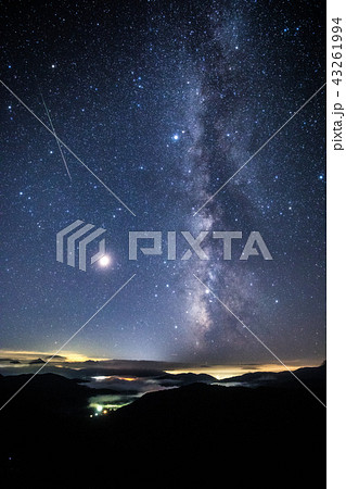 流星群写真 ペルセウス座流星群と天の川と流星の写真素材