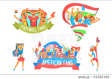 Cheering Happy Crowds Of National Sport Team Fans And Devotees With Banners And Attributes 43262109