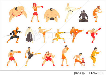Martial Arts Fighters Demonstrating Different Technique Kicks Set Of Asian Fighting Sports 43262962