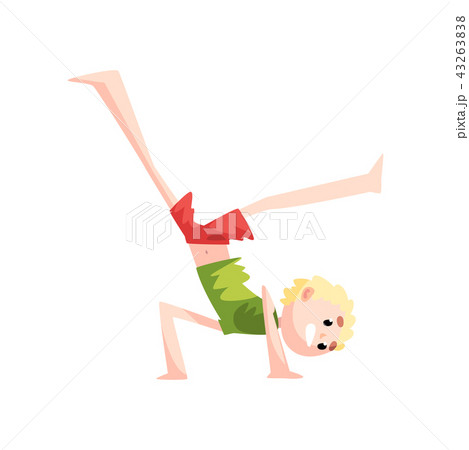 Boy standing upside down practicing capoeira movement, kid character doing combat element of martial 43263838